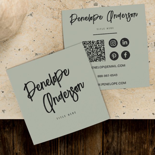 Minimalist Pistachio Green QR Code Modern Boho Square Business Card (Creator Uploaded)