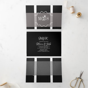 Minimalist Plaid Grey White Ring Logo Wedding Tri-Fold Invitation