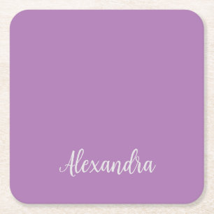 Minimalist Plain Add Name Lavender Calligraphy Square Paper Coaster