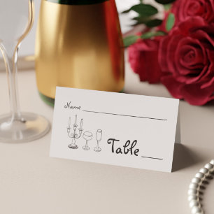 Minimalist Plain Black and White Doodle Wedding Place Card