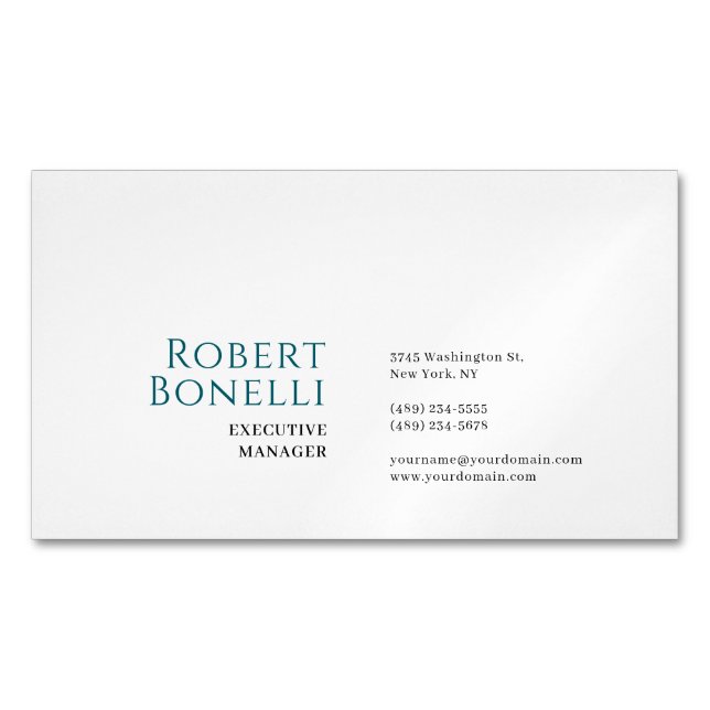 Minimalist Plain Blue & White Modern Magnetic Business Card (Front)