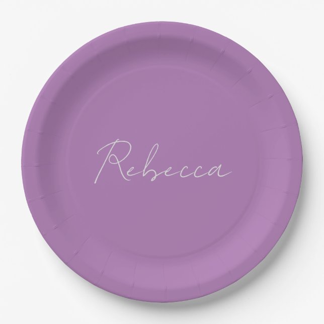 Minimalist Plain Handwritten Own Name Lavender Paper Plate (Front)
