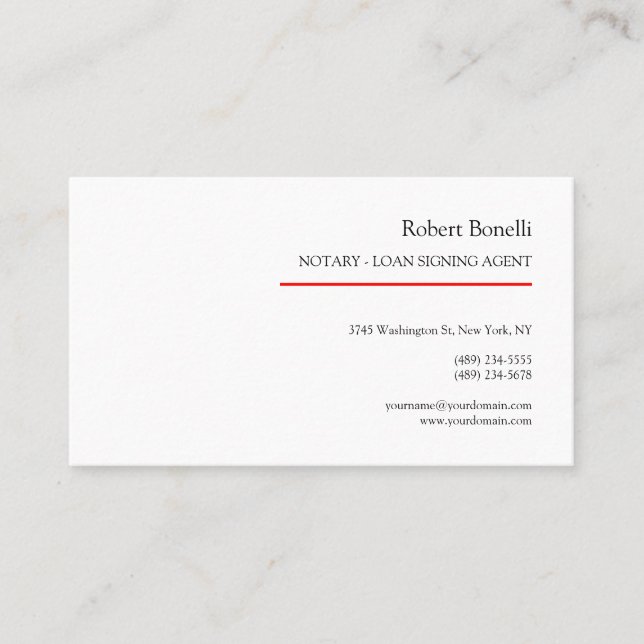 Minimalist Plain Red White Modern Notary  Business Card (Front)
