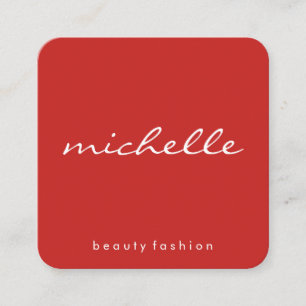 Minimalist Plain White with Cursive Text / Red Square Business Card