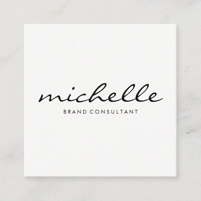 Minimalist Plain White with Cursive Text Square Business Card (Front)
