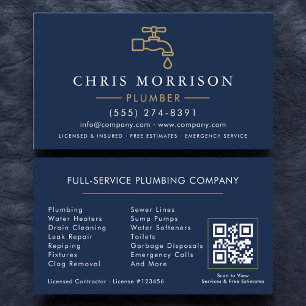 Minimalist Plumber Navy Blue Gold QR Code Business Card