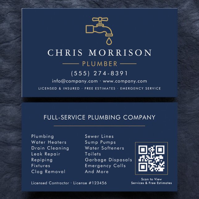 Minimalist Plumber Navy Blue Gold QR Code Business Card (Creator Uploaded)