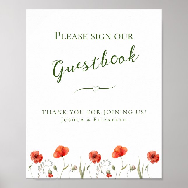 Minimalist Poppies Guestbook Wedding Sign (Front)