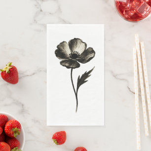 Minimalist Poppy – Monochrome Botanical Ink Art on Napkin