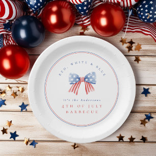 Minimalist Preppy USA Watercolor Bow July 4th BBQ Paper Plate