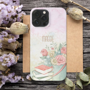 Minimalist pretty watercolor pink flowers monogram iPhone 13 pro max case
