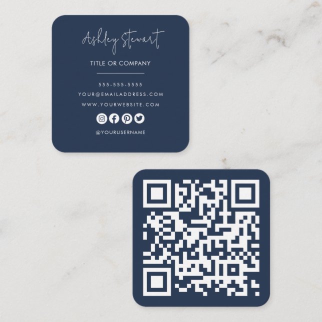 Minimalist Professional Branding Qr Code Navy Blue Square Business Card (Front/Back)
