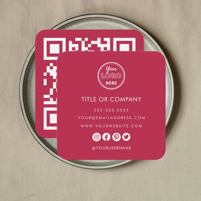Minimalist Professional Logo Qr Code Hot Pink Square Business Card (Creator Uploaded)