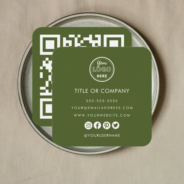 Minimalist Professional Logo Qr Code Moss Green Square Business Card (Creator Uploaded)