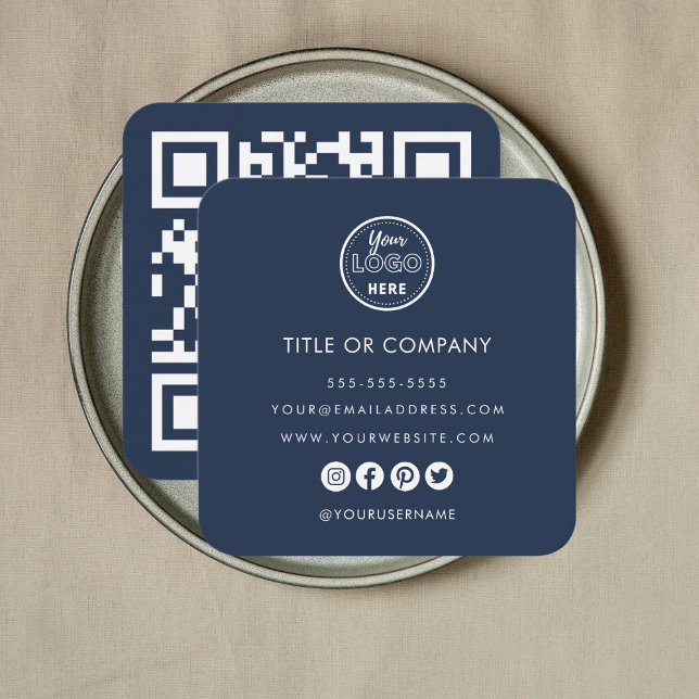 Minimalist Professional Logo Qr Code Navy Blue Square Business Card (Creator Uploaded)