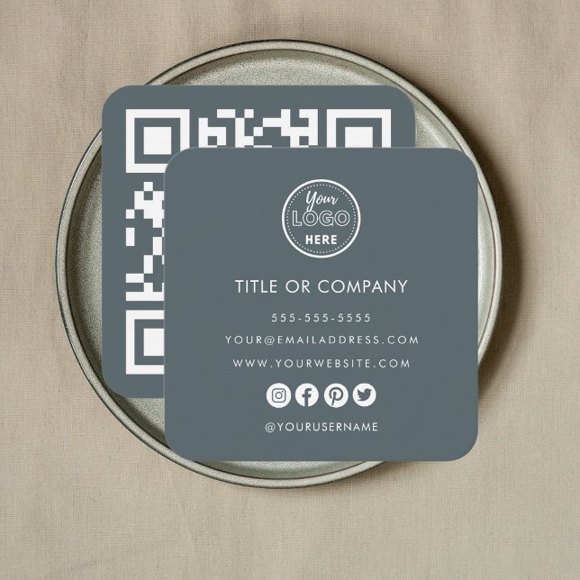 Minimalist Professional Logo Qr Code Navy Square Business Card (Creator Uploaded)