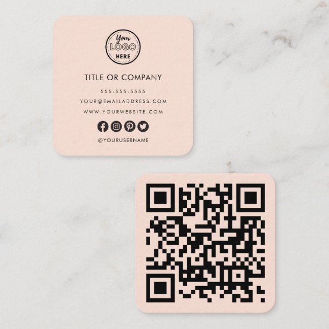 Minimalist Professional Logo Qr Code Soft Peach Square Business Card (Front/Back)