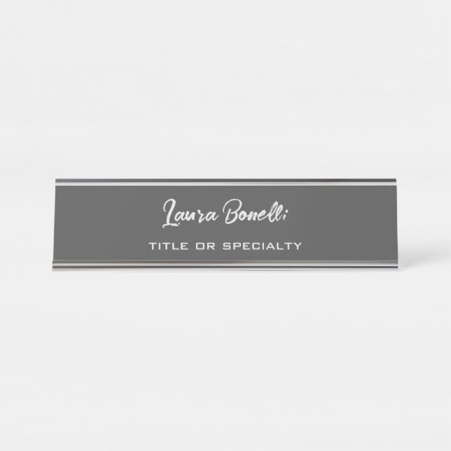 Minimalist Professional Modern Handwrite Dark Grey Desk Name Plate (Front)