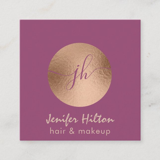 Minimalist professional  rose gold circle monogram square business card (Front)