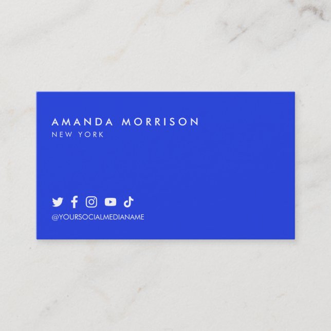 Minimalist Professional Social Media Bold Blue Business Card (Front)