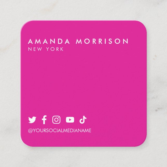 Minimalist Professional Social Media Hot Pink Square Business Card (Front)