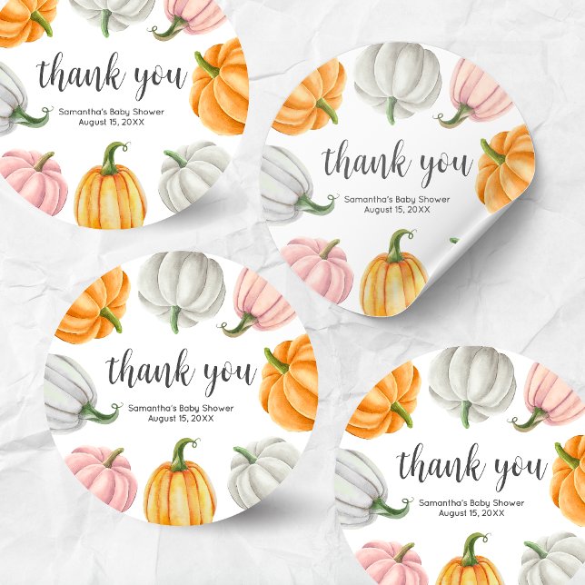 Minimalist Pumpkin Fall Baby Shower Round Classic Round Sticker (Minimalist Pumpkin Baby Shower Round Sticker)