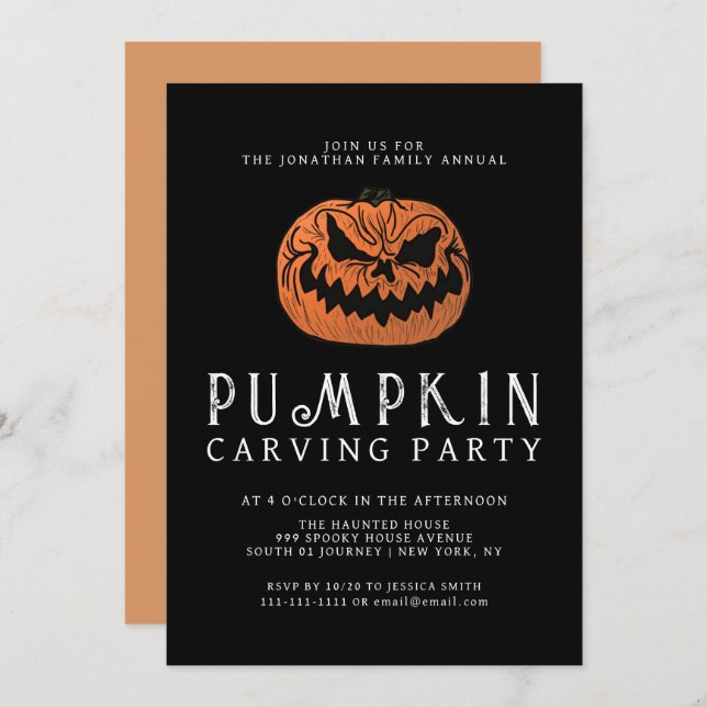 Minimalist Pumpkin Spooky Carving Party Halloween Invitation (Front/Back)