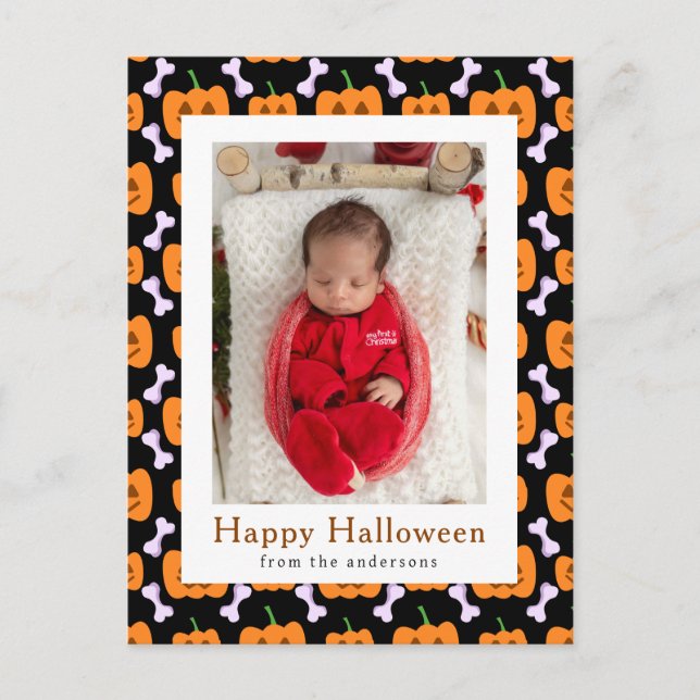 Minimalist Pumpkin Spooky Happy Halloween 1 Photo Holiday Postcard (Front)