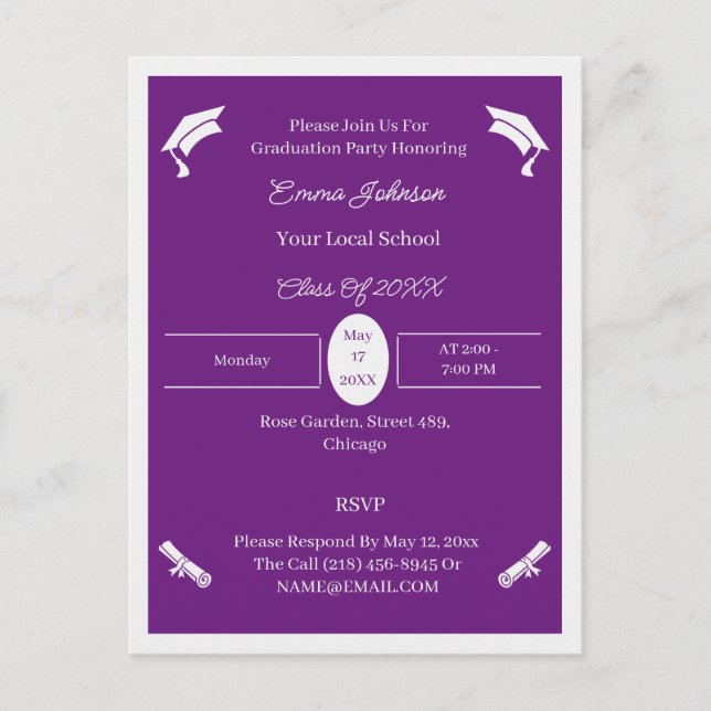 Minimalist Purple And White Custom Graduation Announcement Postcard (Front)