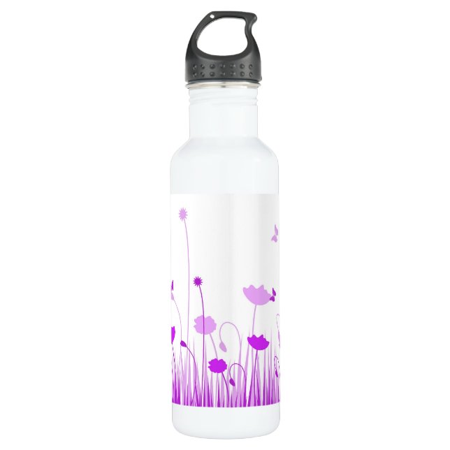 Minimalist Purple and White Poppies Meadow Floral 710 Ml Water Bottle (Front)