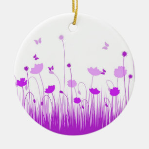 Minimalist Purple and White Poppies Meadow Floral Ceramic Ornament