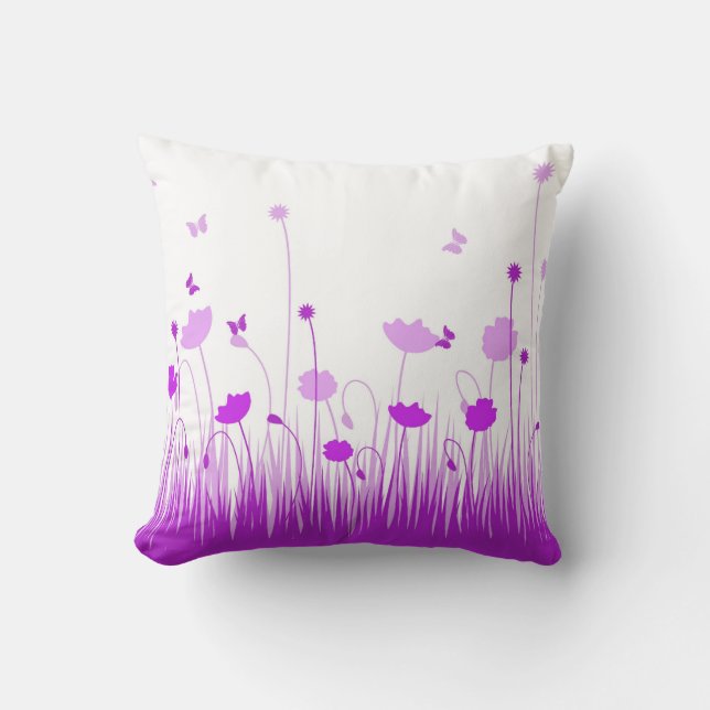 Minimalist Purple and White Poppies Meadow Floral Cushion (Front)