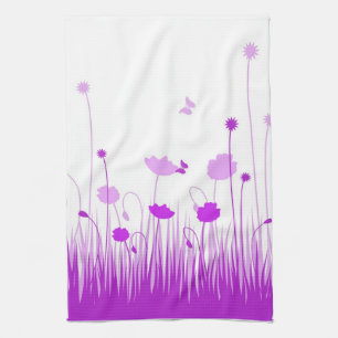 Minimalist Purple and White Poppies Meadow Floral Tea Towel