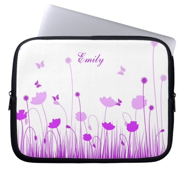 Minimalist Purple and White Poppies Meadow Name Laptop Sleeve (Front)