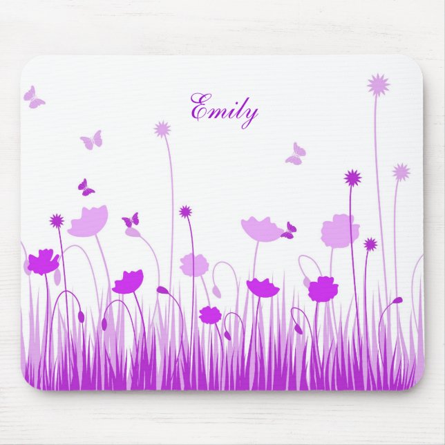 Minimalist Purple and White Poppies Meadow Name Mouse Pad (Front)