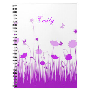 Minimalist Purple and White Poppies Meadow Name Notebook