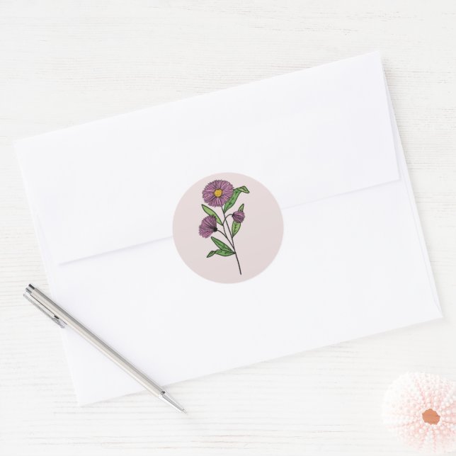 Minimalist Purple Aster Wedding Classic Round Sticker (Envelope)