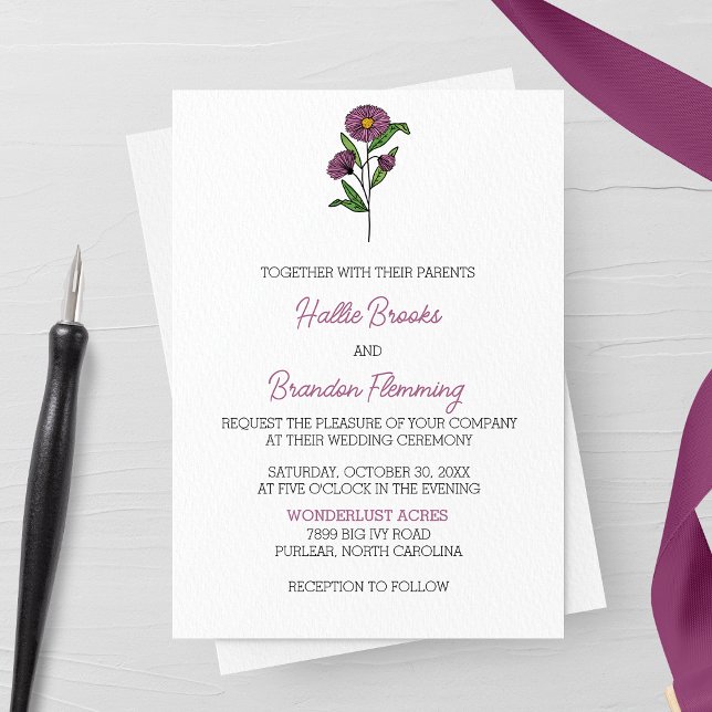 Minimalist Purple Aster Wedding Invitation (Creator Uploaded)