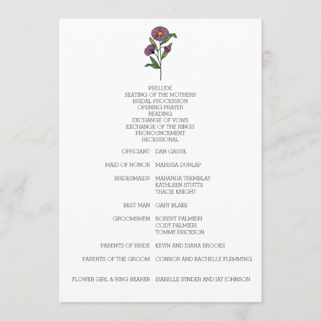 Minimalist Purple Aster Wedding Program (Front)