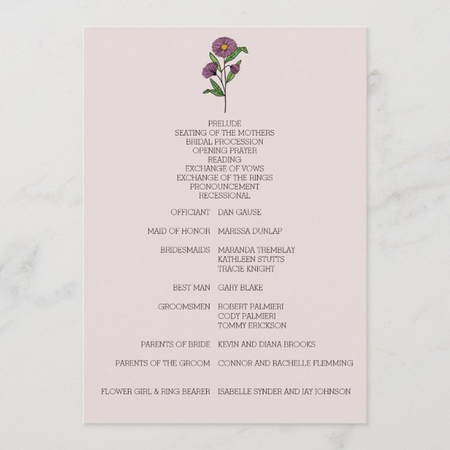 Minimalist Purple Aster Wedding Program (Front)