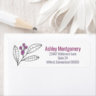 Minimalist Purple Berries Leaves Mailing Return Address Label