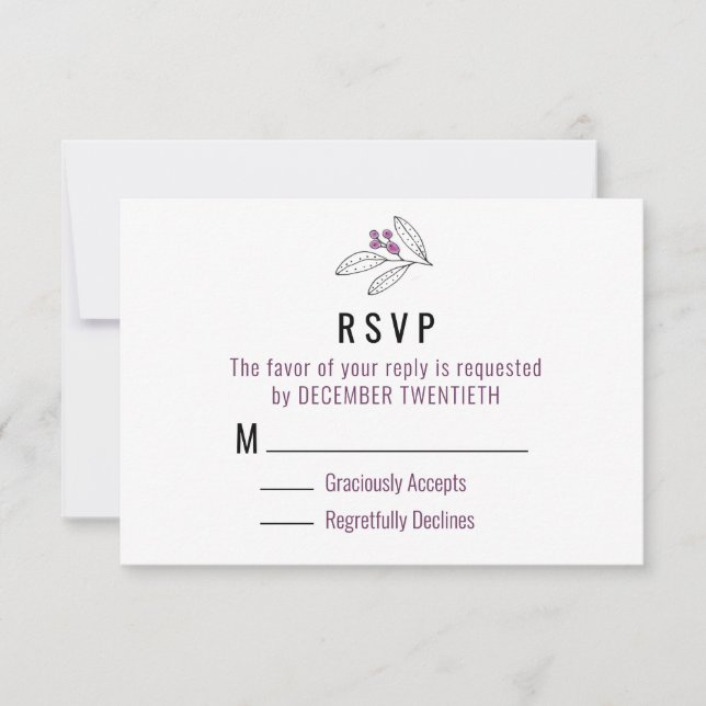 Minimalist Purple Berries Leaves Wedding RSVP (Front)
