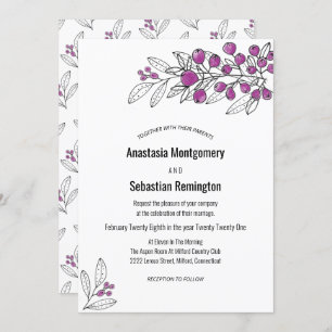 Minimalist Purple Berry Leaf Wedding Invitation