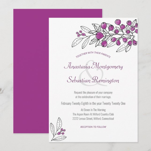 Minimalist Purple Berry Leaf Wedding Invitation (Front/Back)