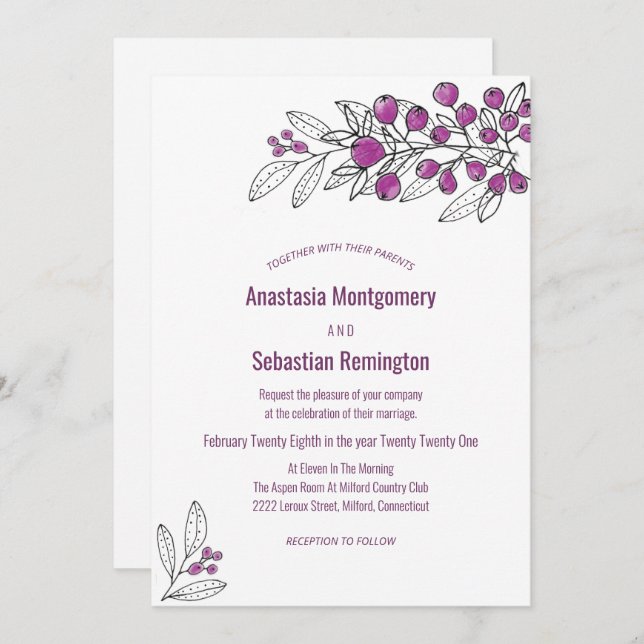Minimalist Purple Berry Leaf Wedding Invitation (Front/Back)