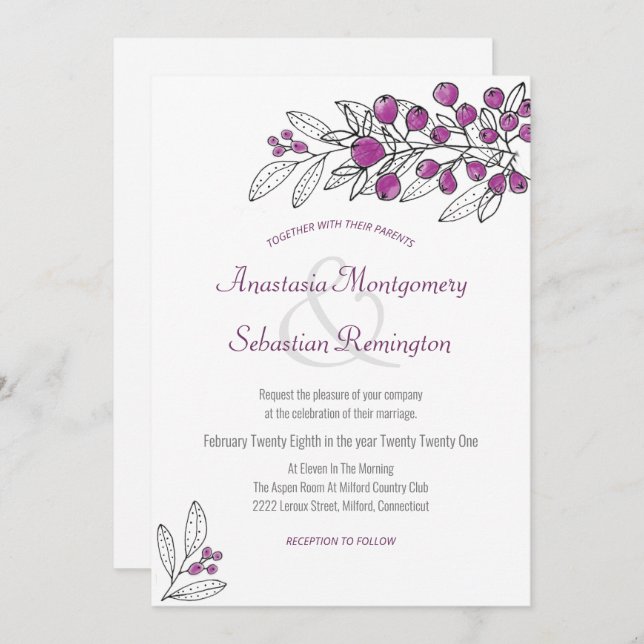 Minimalist Purple Berry Leaf Wedding Invitation (Front/Back)