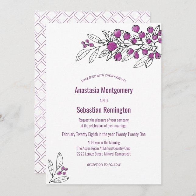 Minimalist Purple Berry Leaf Wedding Template (Front/Back)