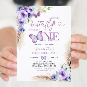 Minimalist Purple Butterfly First Birthday Invitation