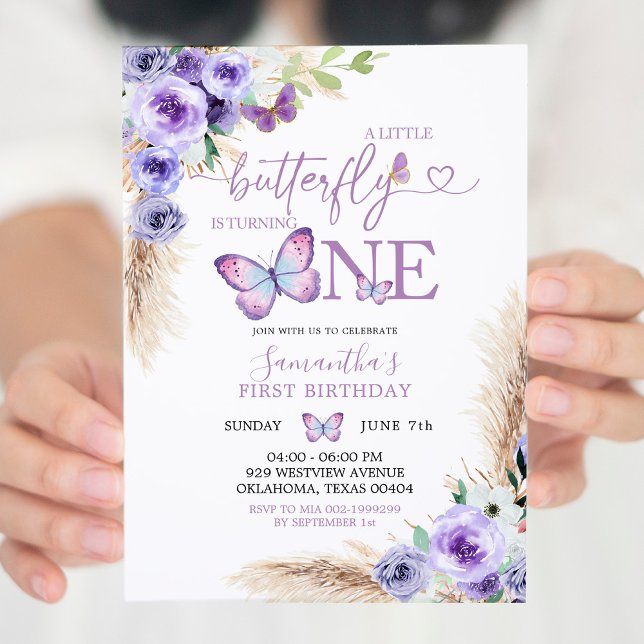 Minimalist Purple Butterfly First Birthday Invitation (Creator Uploaded)