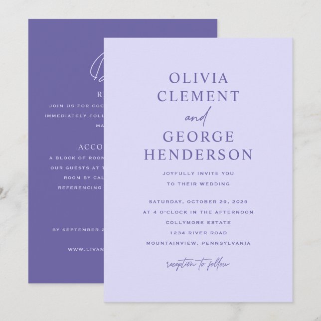 Minimalist Purple Double-Sided Wedding Invitation (Front/Back)